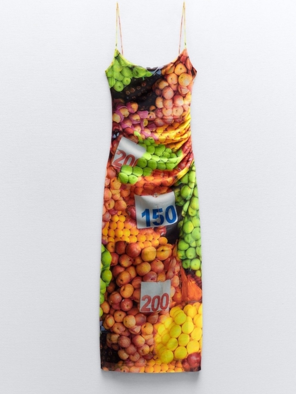 Zara Mesh Colorful Fruit Print Ruched Spaghetti Strap Fitted Midi Dress Small